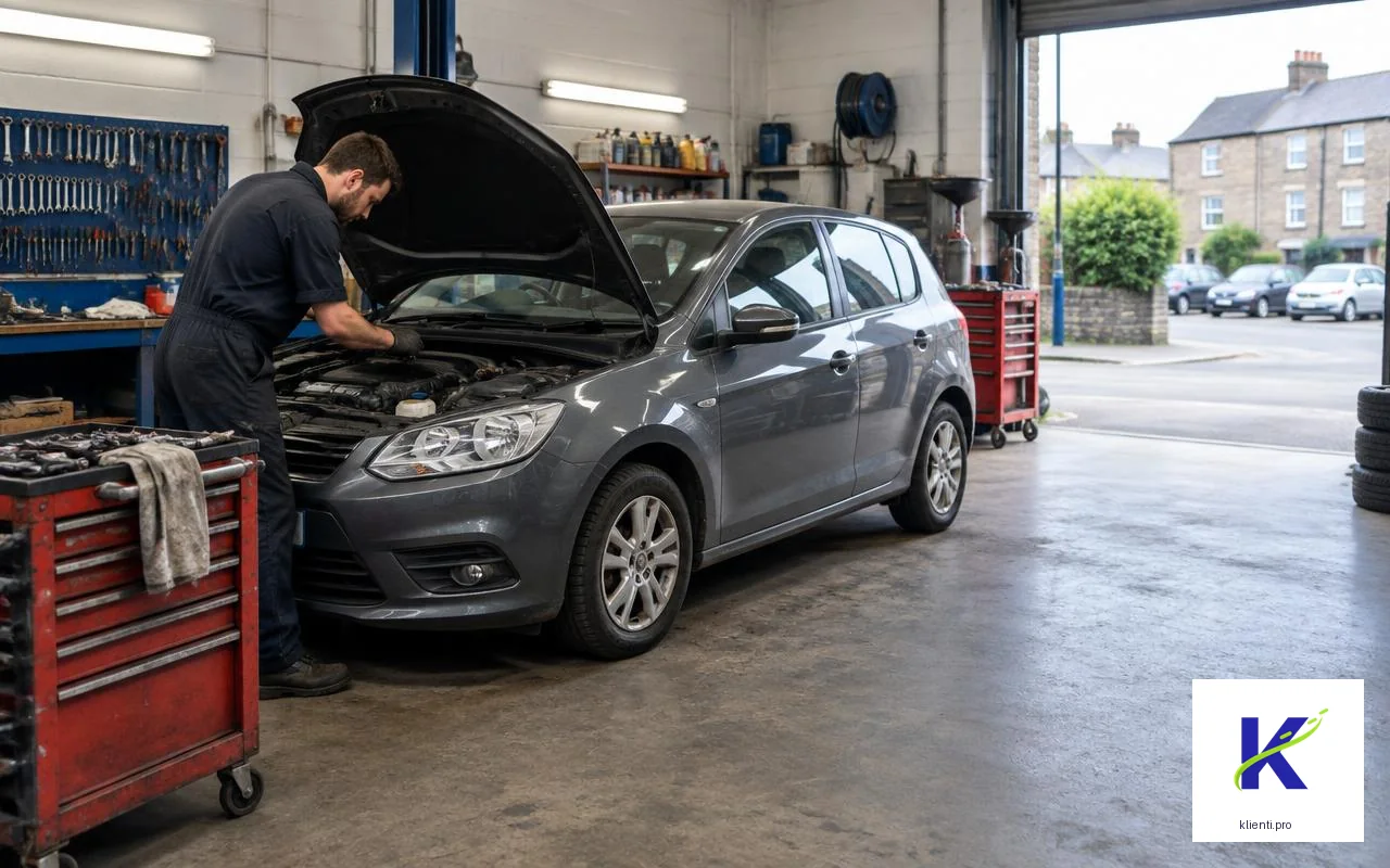Illustrative mechanic servicing a hatchback in a UK garage with official klienti.pro logo