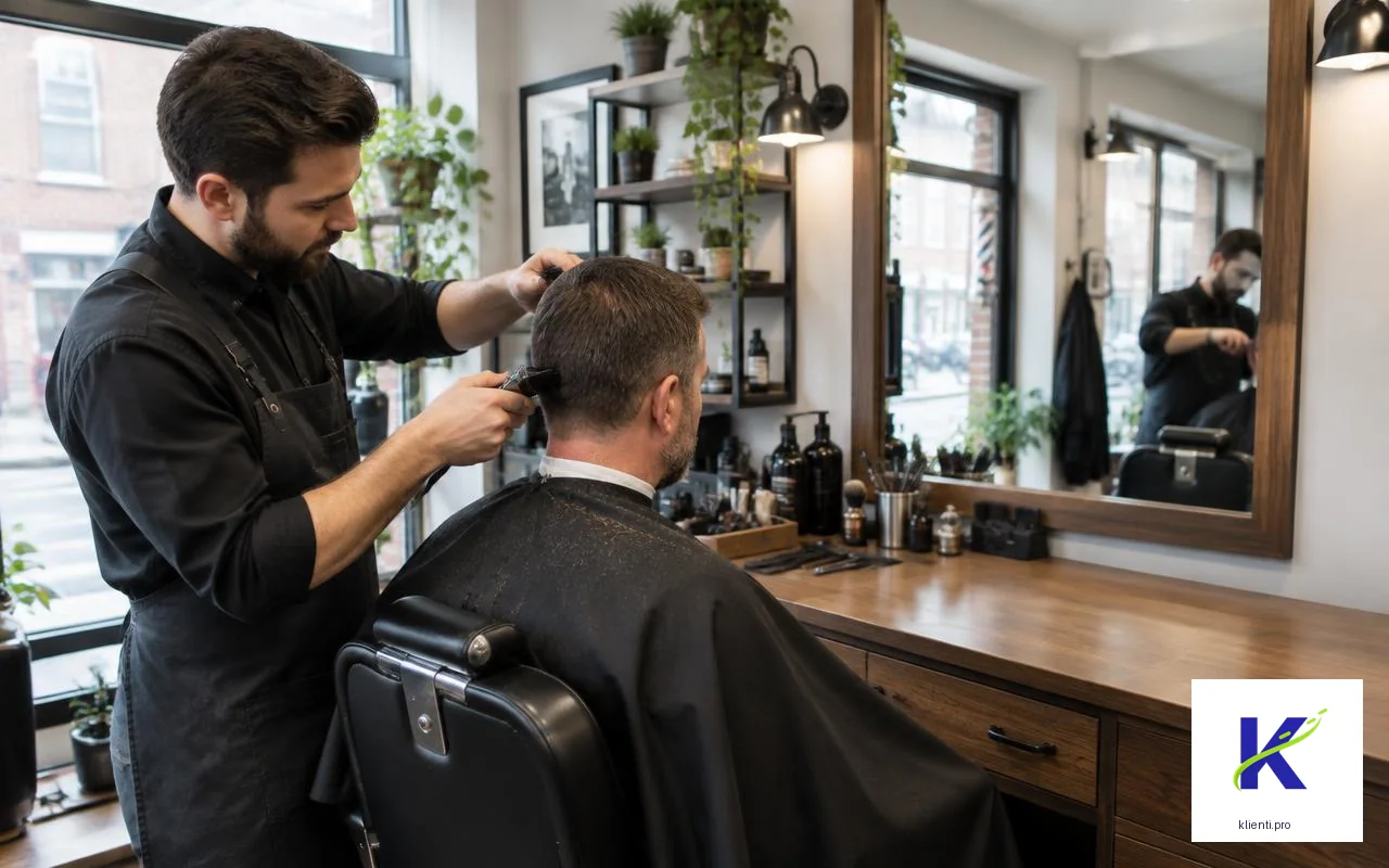 Illustrative UK barber trimming a haircut, with the official klienti.pro logo