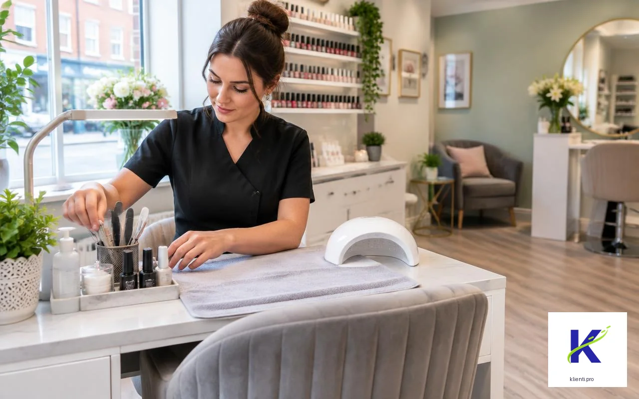 Illustrative British beautician preparing a manicure desk, with official klienti.pro logo