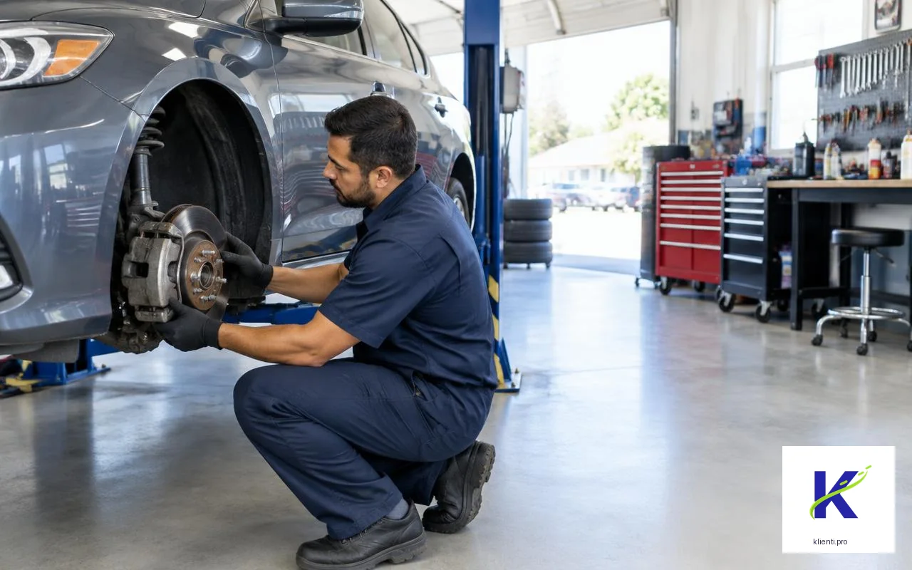 Illustrative US technician checking brakes in an auto repair shop with official klienti.pro logo