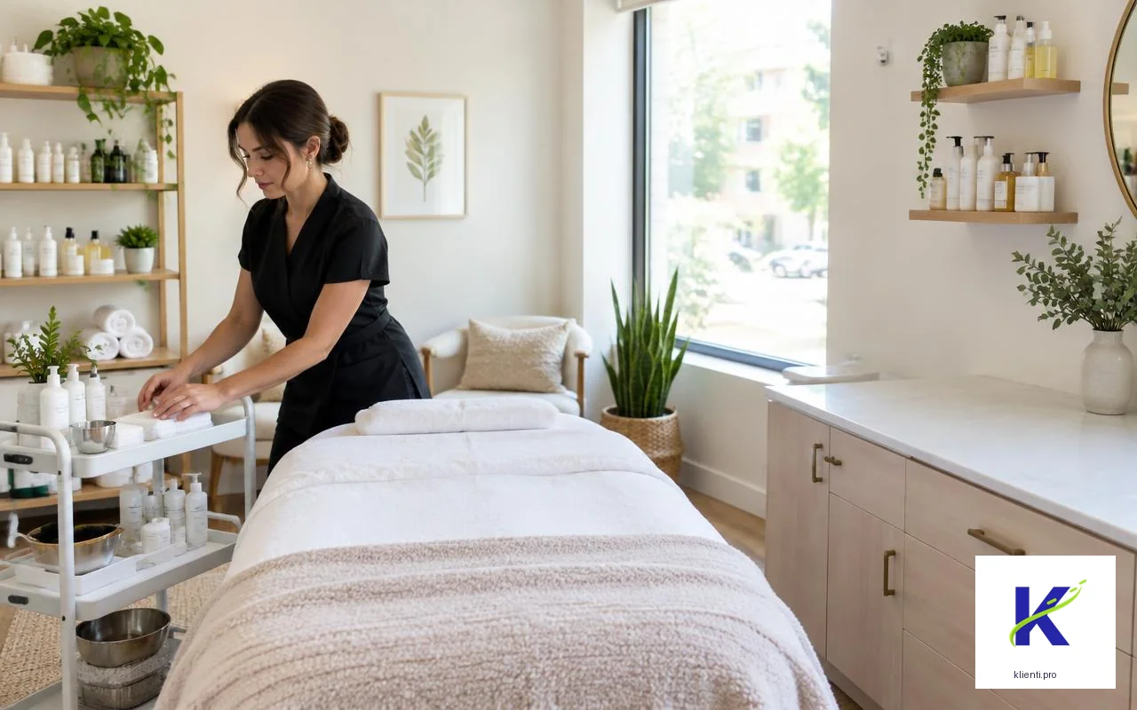 Illustrative US beauty professional preparing a facial room, with official klienti.pro logo