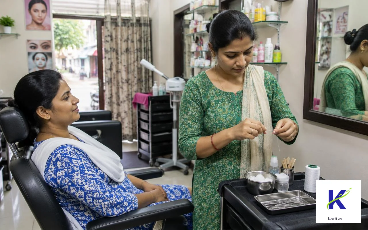 भारतीय ब्यूटी पार्लर में तैयारी का उदाहरण, आधिकारिक klienti.pro लोगो के साथ