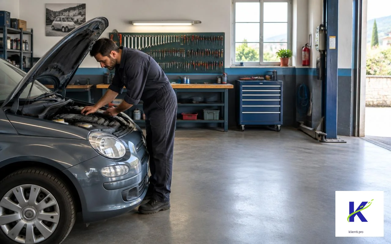 Scena illustrativa di manutenzione in autofficina italiana con logo ufficiale klienti.pro
